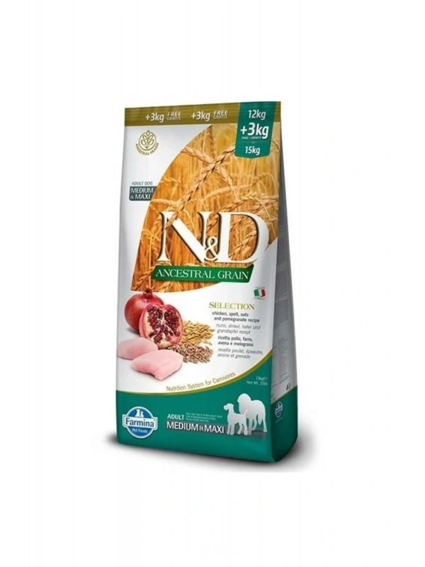 ND Az Tahıllı Tavuklu ve Narlı Orta ve İri Irk Yetişkin Köpek Maması 12+3 Kg