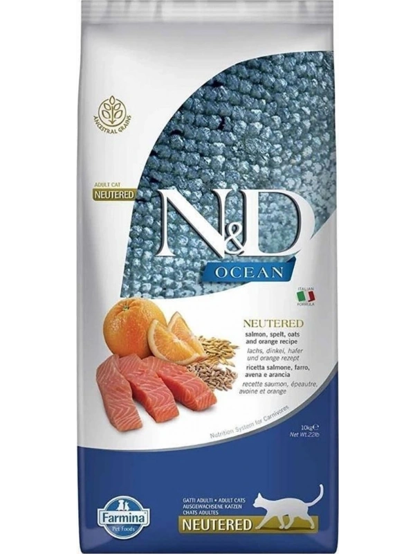 N&D Ocean Düşük Tahıllı Kısırlaştırılmış Somonlu Ve Portakallı 10 Kg Yetişkin Kedi Maması