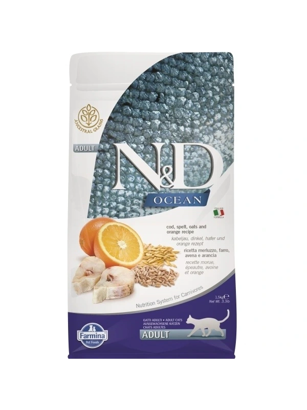 ND Ocean Morina Balıklı Ve Portakallı Düşük Tahıllı Yetişkin Kedi Maması 1,5 Kg