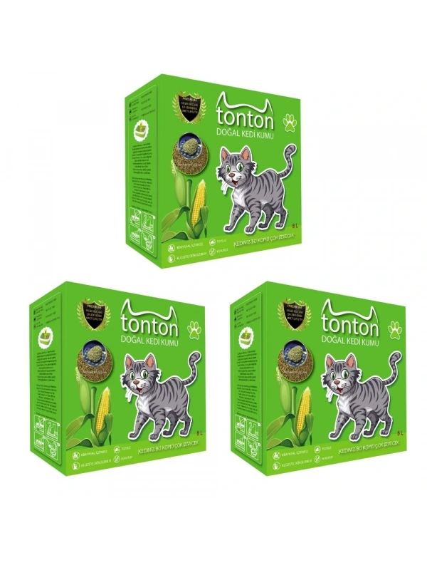 Tonton Mısır Koçanı Granülü Topaklaşan Doğal Kedi Kumu 8 Lt x 3 ADET