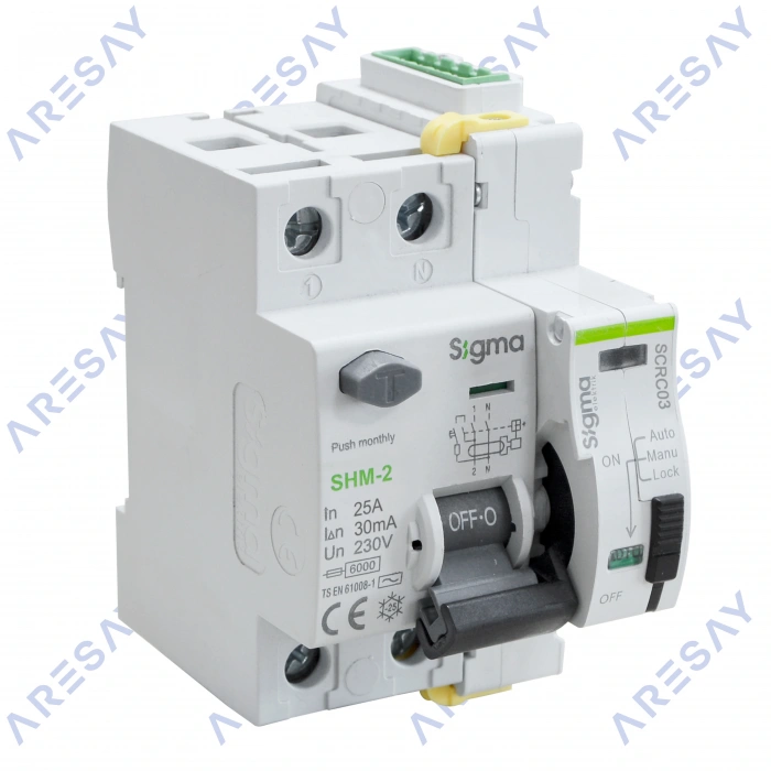 Sigma 2P*25 30mA 6kA Monofaze Kaçak Akım Rölesi + SCRC03 Otomatik Yeniden Kapama Ünitesi