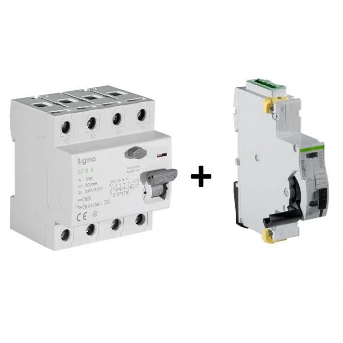 Sigma 4P*63 300mA 10kA A Tipi Trifaze Kaçak Akım Rölesi + SCRC03 Otomatik Yeniden Kapama Ünitesi