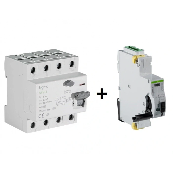 Sigma 4P*63 30mA 10kA A Tipi Trifaze Kaçak Akım Rölesi + SCRC03 Otomatik Yeniden Kapama Ünitesi