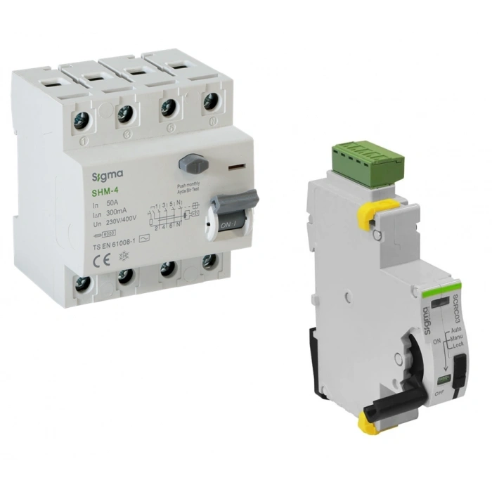 Sigma 4P*50 300mA 6kA Trifaze Kaçak Akım Rölesi + SCRC03 Otomatik Yeniden Kapama Ünitesi
