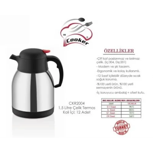 COOKER CKR-2004 ( 1.5LT ) (304 ÇELİK) TERMOS (INOX SERİSİ) (12 SAAT SICAK & 24 SAAT SOĞUK) (ÇİFT CONTALI KAPAK)*12