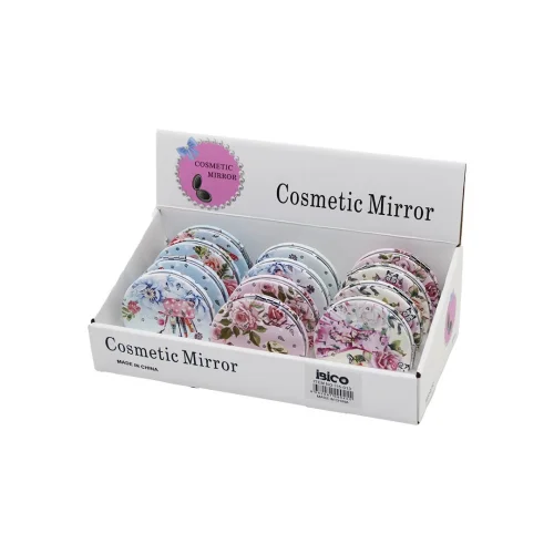 İBİCO İ15-013 (GÜL DESEN & SİMLİ ) (YUVARLAK) (CEP & ÇANTA) MAKYAJ AYNASI ( NORMAL & BÜYÜTEÇLİ )*12X40