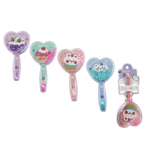 İBİCO İ15-049 (KALP MODEL & ŞEFFAF MİKA SAPLI) ÇOCUK SAÇ FIRÇASI=(SİLİKON) & TARAK (ŞEFFAF SAP=HAYVAN RESİM & RENKLİ YILDIZLAR)*12X20