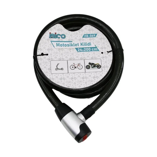 İBİCO İ18-069 (ANAHTARLI) (METAL KAPLAMA KAFA) (ÇEK-İT KİLİT KAPAK) MOTOR & BİSİKLET KİLİT (ÇELİK TEL) (SİYAH ŞEFFAF KILIF) (24MMX200CM)*20