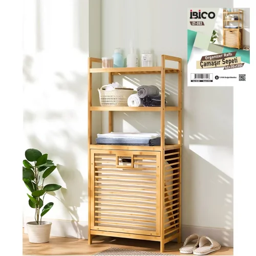 İBİCO İ21-083 ( 3 ORGANİZER RAFLI & ÇEK AÇ SEPET ) ( AHŞAP BAMBU ) KİRLİ ÇAMAŞIR SEPET ( 40X30X130CM )*4
