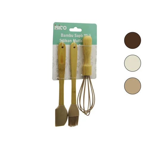İBİCO İ22-026 ( 3PCS & MİNİ ) SİLİKON MUTFAK SETİ ( AHŞAP & BAMBU SAPLI ) ( ÇIRPICI & YUMURTA FIRÇASI & SPATULA )*12X6