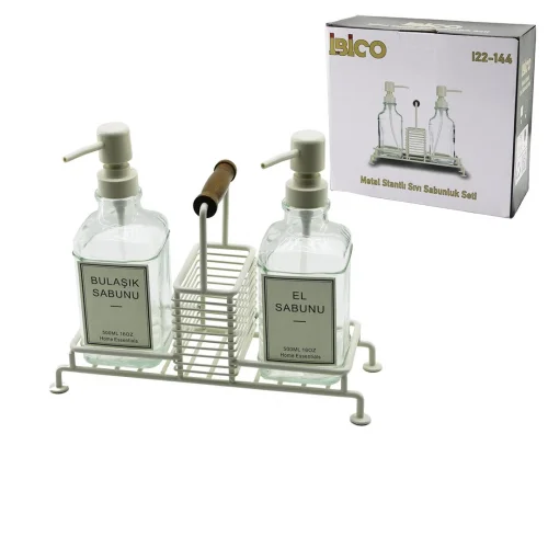 İBİCO İ22-144 ( 3PCS ) METAL STANDLI & CAM SIVI SABUNLUK SETİ ( AHŞAP TUTMALI & SÜNGERLİK)*24