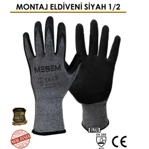 MEŞEM SİYAH BENEKLİ MONTAJ  ELDİVENİ 10 NO EL270*12X