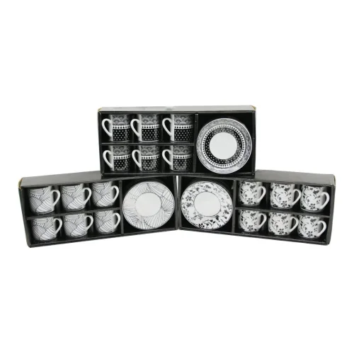 NEWLİFE CLKN-2371 ( SİYAH & BEYAZ ) ( 12PCS=6-TAKIM ) PORSELEN KAHVE FİNCANI ( ÇİÇEK & ÇİZGİ & NOKTA MİX DESEN )*12