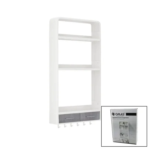 OMAŞ-TERA OM-0817 ( BEYAZ ) YAPIŞKANLI DUVAR ORGANİZERİ PLASTİK ( 3 RAF=14CM-19CM-30CM & 2 ÇEKMECE=40CM & 6 ASKI ) ( 19 PCARÇA )*6