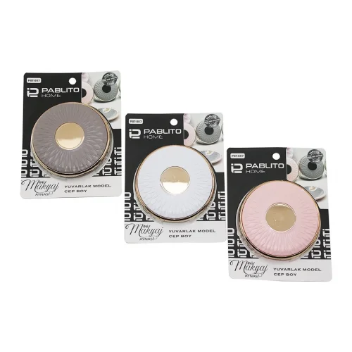 PABLITO HOME PBT-087 (YUVARLAK) (3- 9X9CM) (CEP & ÇANTA) MİNİ MAKYAJ AYNASI (BRONZ KAPAK KENARI-GÖBEK & RENKLİ PLS.)*24X10