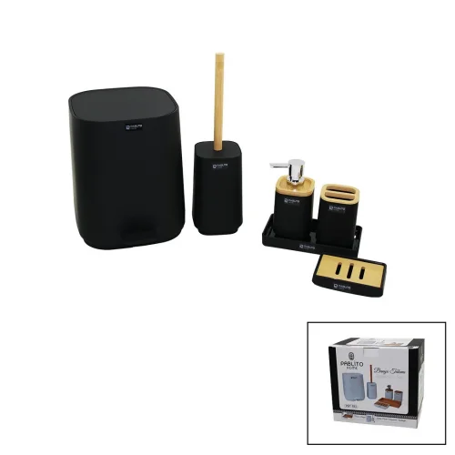 PABLITO HOME PBT-783 ( 6PCS ) KARE BANYO SETİ & TAKIMI (BAMBU DETAYLI) (ÇÖP KOVA-FIRÇALIK-SIVI&KATI SABUNLUK-DİŞ FIRÇALIK-STAND )*4=K