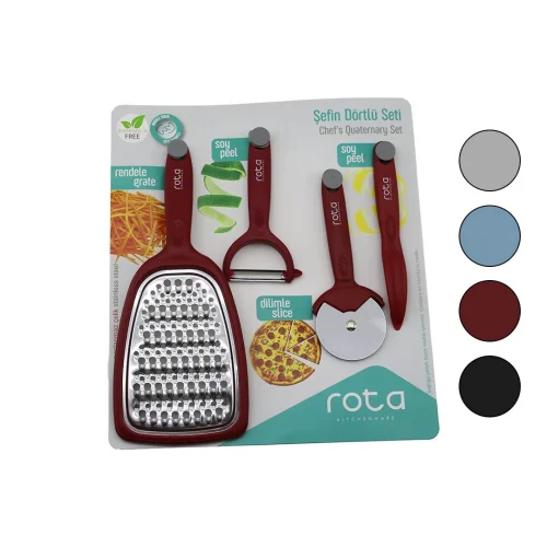 ROTA RT-326 ( ŞEFİN 4LÜ SETİ ) (1-ÇİFT TARAFLI RENDE & 1-PİZZA RULETİ & 1-SAPAN SOYACAK & 1-KALEM SOYACAK )(RENKLİ PLS.SAPLI)*24=K