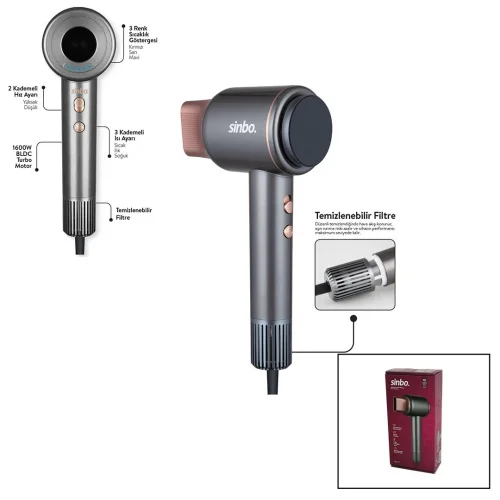 SİNBO SHD-1717 (BLDC TURBO MOTOR) (TOKMAK MODEL) SAÇ KURUTMA MAKİNESİ (1600W) (2-KDM.HIZ) (3-KDM.SICAKLIK) (YAPIŞKANLI ASKI)*8