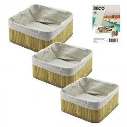 İBİCO İ12-067 ( 3 BOY ) ( KARE ) ( BAMBU KENAR ) ORGANİZER SEPET ( AHŞAP ALTLIK & BEZLİ ) ( 17X17-21X21-26X26CM )*24