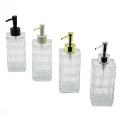 İBİCO İ21-041 ( ŞEFFAF CAM ) SIVI SABUNLUK ( 350ML ) ( KARE KESİK DESENLİ CAM ) ( MİX RENKLİ POMPA )*48=K