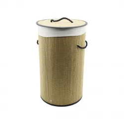 İBİCO İ21-078 YUVARLAK ( HASIR & AHŞAP ) KİRLİ ÇAMAŞIR SEPETİ ( 37X60CM ) ( SEYYAR KAPAKLI ) ( İÇİ BEZLİ ) ( İP KULPLU )*12