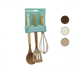 İBİCO İ22-008 ( 3PCS ) ( RENKLİ SİLİKON ) MUTFAK SETİ ( AHŞAP & BAMBU SAPLI ) ( ÇIRPICI  & KEPÇE  & SPATULA ) ( 25-30CM )*12X6