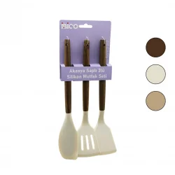 İBİCO İ22-014 ( 3PCS ) ( RENKLİ SİLİKON ) ( SPATULA ) MUTFAK SETİ ( AHŞAP AKASYA SAPLI ) ( KLASİK & YAN & DELİKLİ SPATULA) (30CM)*12X6