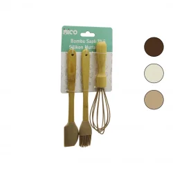 İBİCO İ22-026 ( 3PCS & MİNİ ) SİLİKON MUTFAK SETİ ( AHŞAP & BAMBU SAPLI ) ( ÇIRPICI & YUMURTA FIRÇASI & SPATULA )*12X6