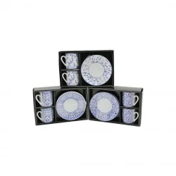 NEWLİFE CLKN-2372 ( MAVİ & BEYAZ ) ( 4PCS=2-TAKIM ) PORSELEN KAHVE FİNCANI ( ÇİÇEK & ÇİZGİ & NOKTA MİX DESEN )*36