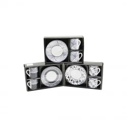 NEWLİFE CLKN-2373 ( SİYAH & BEYAZ ) ( 4PCS=2-TAKIM ) PORSELEN KAHVE FİNCANI ( ÇİÇEK & ÇİZGİ & NOKTA MİX DESEN )*36