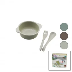 QLUX BSF-00980 BLW SET NO-2 BEBEK BESLENME SETİ ( 3PCS=1-MAMA KABI + 1-KAŞIK + 1-ÇATAL ) ( 400ML ) ( RENKLİ PLASTİK )*10=K