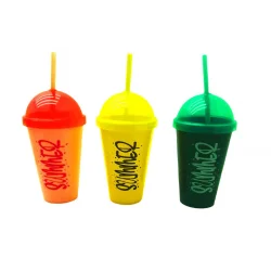 QLUX L-00850 SUMMER ( PİPETLİ ) ( RENKLİ PLASTİK ) BARDAK ( ŞEFFAF RENKLİ KAPAK ) ( 450ML )*12=K