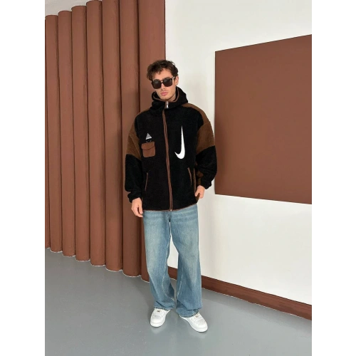 NK Kapüşonlu Unisex Peluş Ceket Siyah
