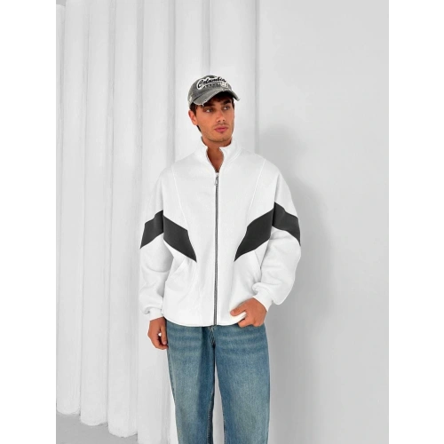 Parçalı Dik Yaka Unisex Oversize Hırka Beyaz