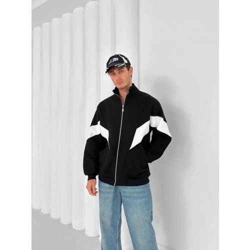 Parçalı Dik Yaka Unisex Oversize Hırka Siyah