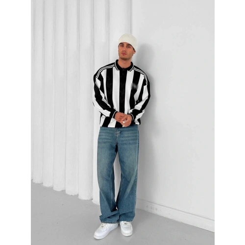 Polo Yaka Taraftar Unisex Oversize Sweatshirt Siyah-Beyaz