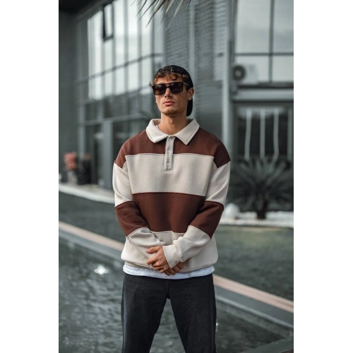 Şardonlu Polo Yaka Unisex Sweatshirt Kahve