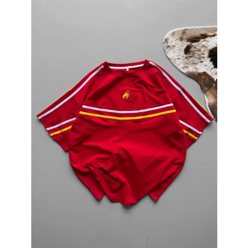 Şeritli Unisex Taraftar Tshirt Kırmızı
