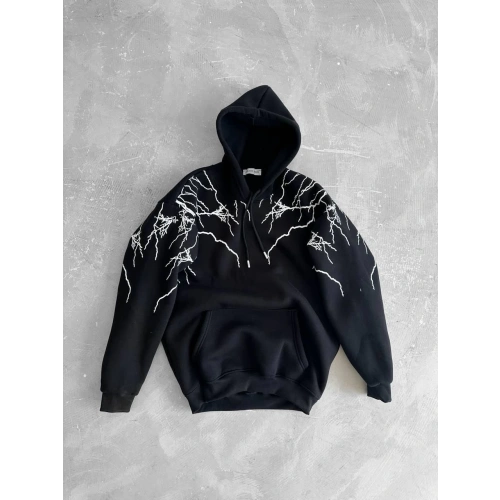 Kapüşonlu Şimşek Şardonlu Unisex Sweatshirt Siyah