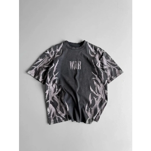 War Baskı Oversize Unisex Tshirt Füme