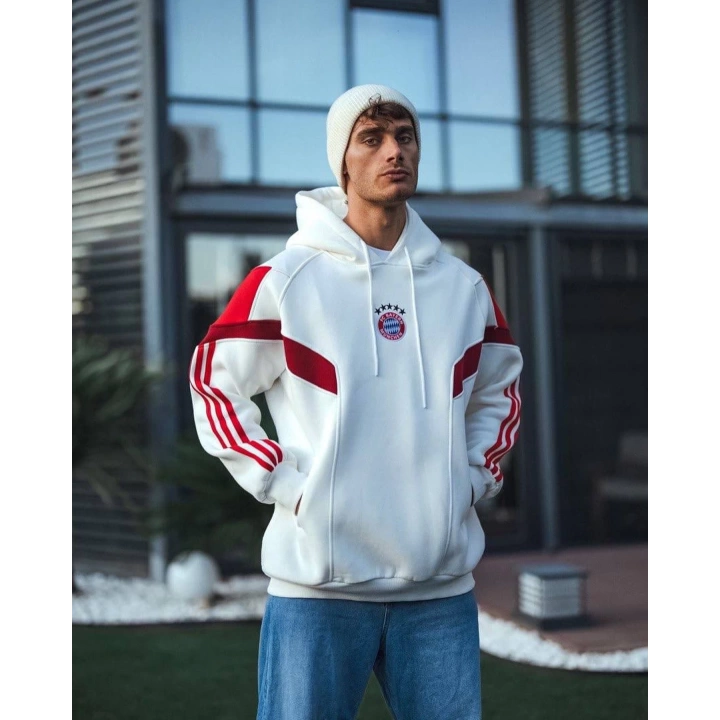 BM Kapüşonlu Şardonlu Unisex Sweatshirt Beyaz