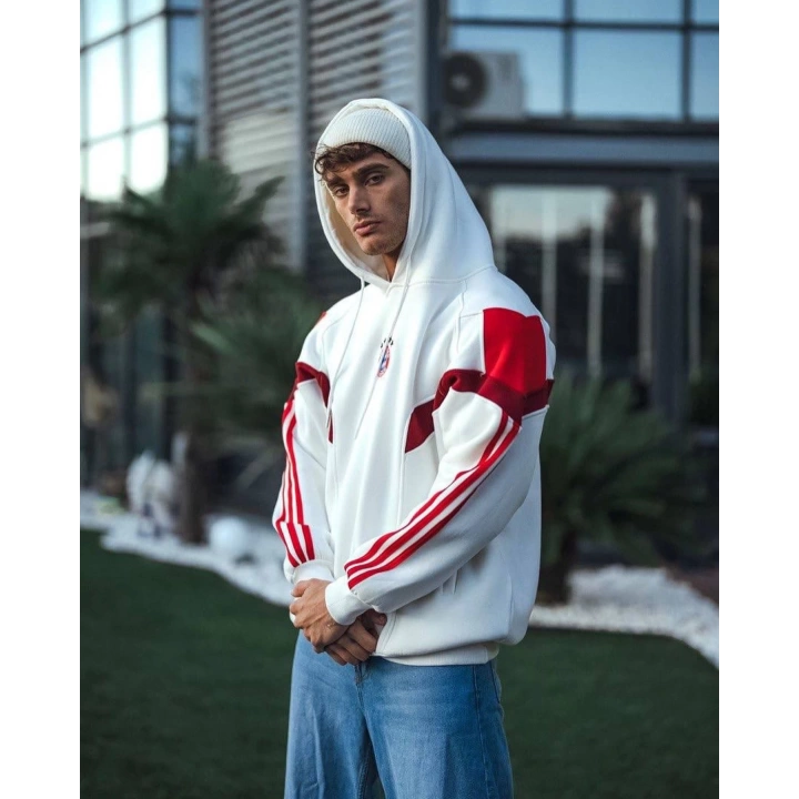 BM Kapüşonlu Şardonlu Unisex Sweatshirt Beyaz