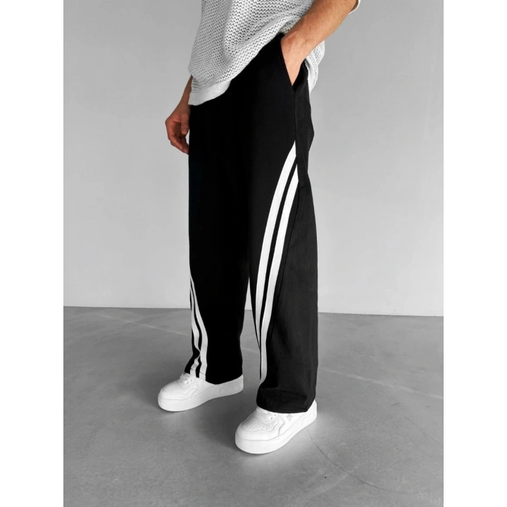 Çapraz Şerit Şardonlu Unisex Eşofman Siyah