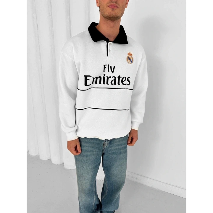 Çizgi Detay Emirates Unisex Sweatshirt Beyaz