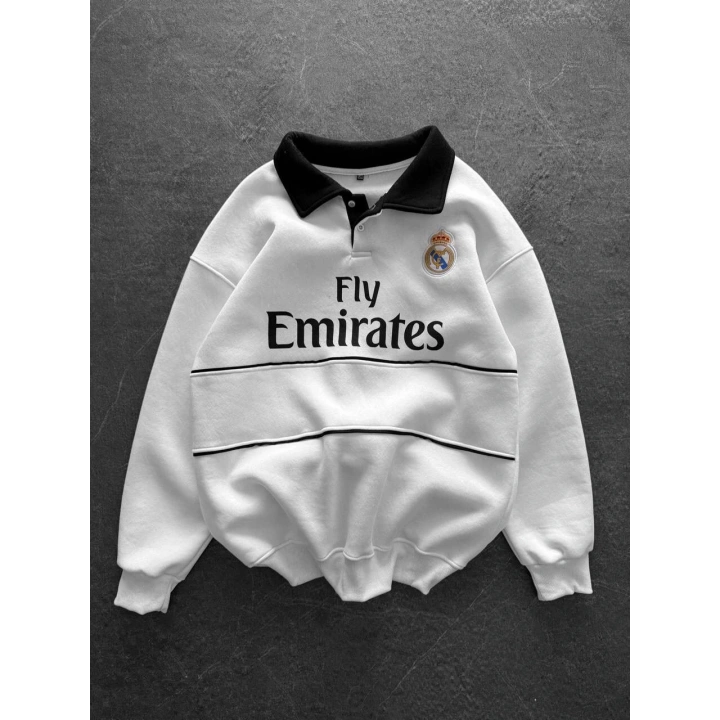 Çizgi Detay Emirates Unisex Sweatshirt Beyaz