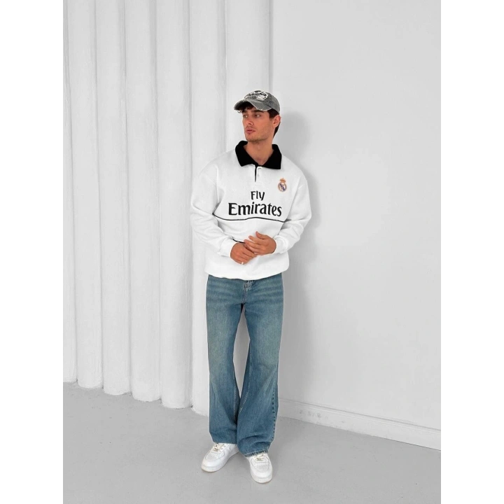 Çizgi Detay Emirates Unisex Sweatshirt Beyaz