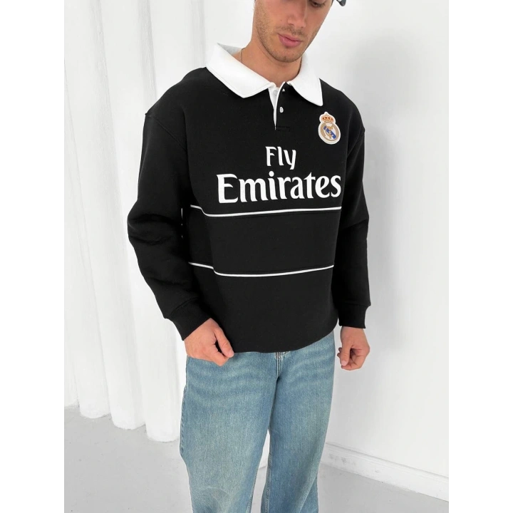 Çizgi Detay Emirates Unisex Sweatshirt Siyah