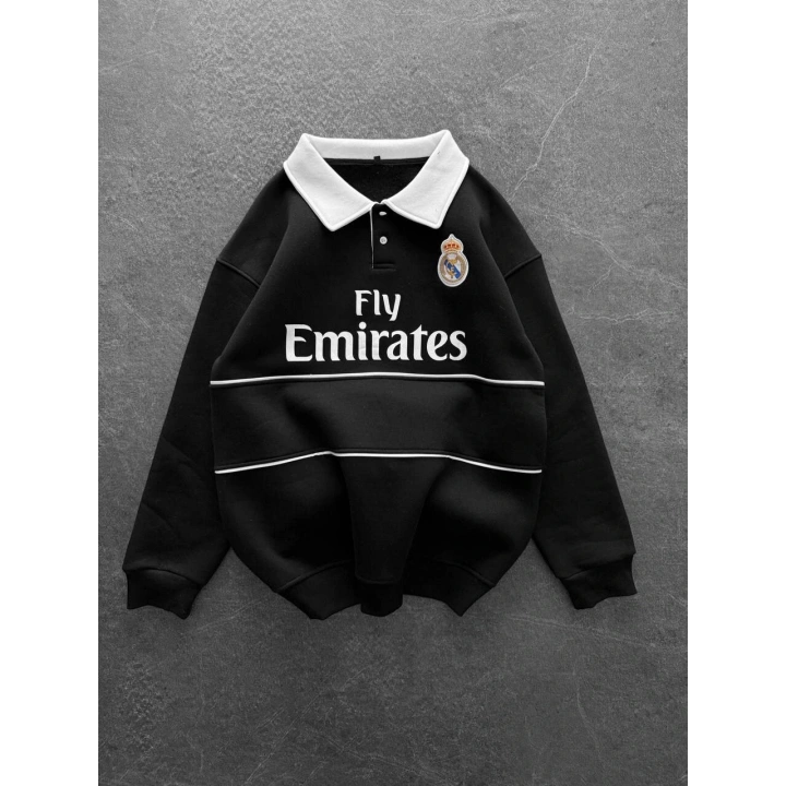 Çizgi Detay Emirates Unisex Sweatshirt Siyah