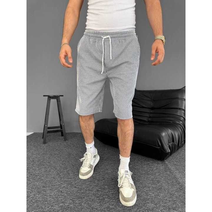 Çizgili Bel Lastik Basic Şort Beyaz