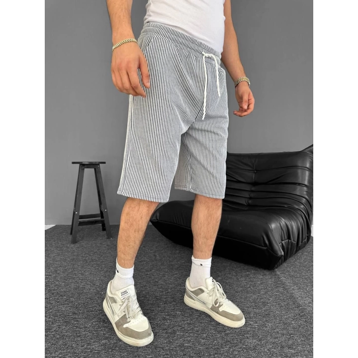 Çizgili Bel Lastik Basic Şort Beyaz